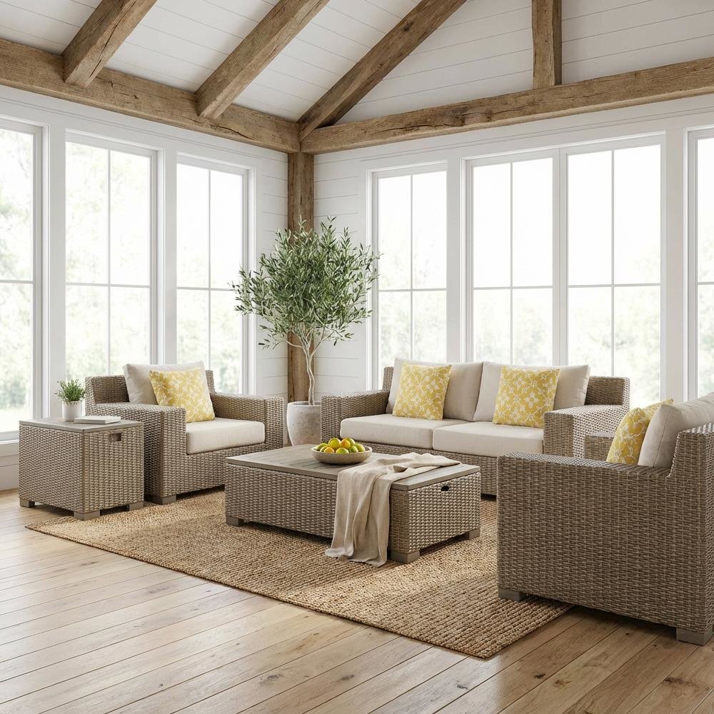 Rectangular Tan Coffee Table with Wood Legs and Transitional Design. Picture 2