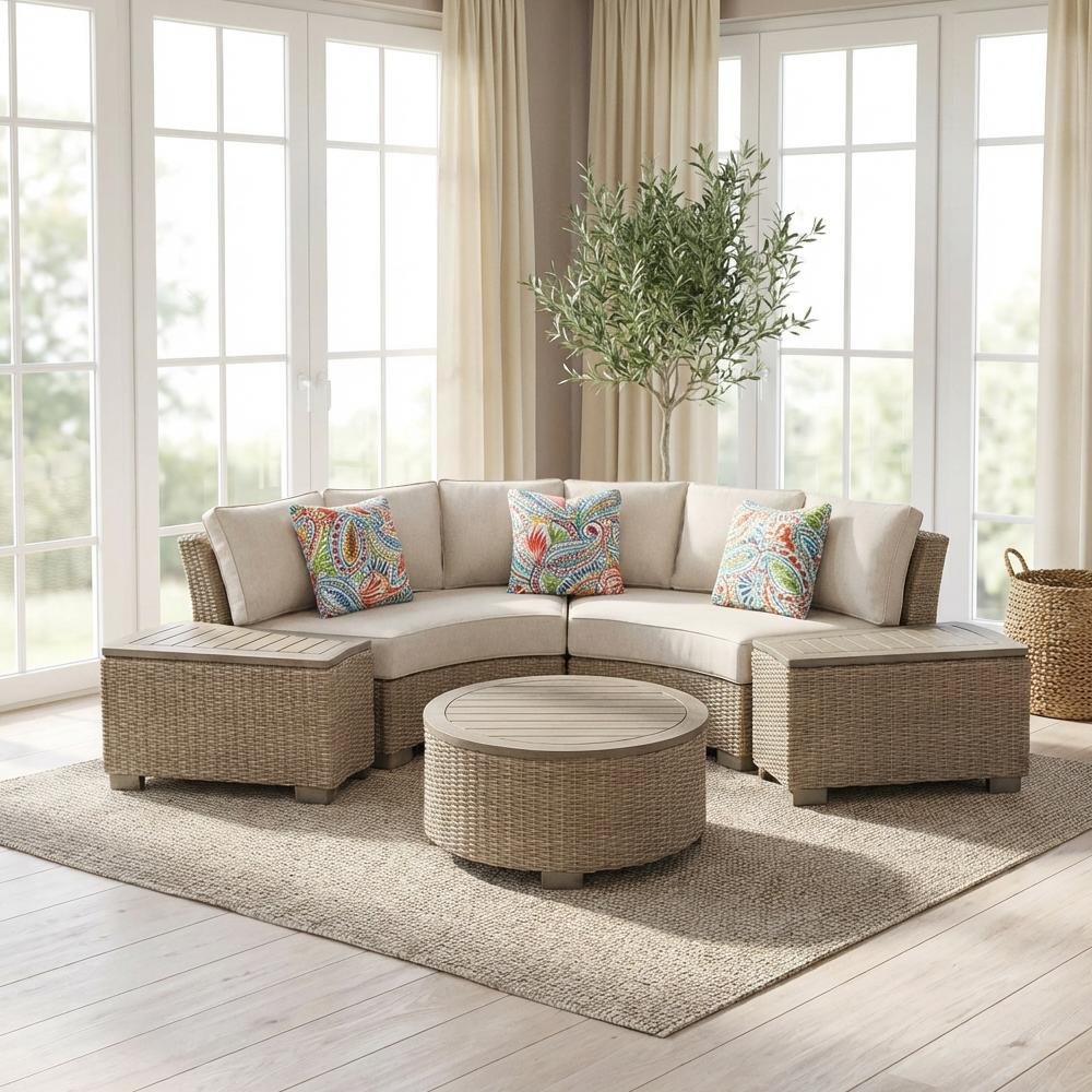 Tan Round Outdoor Coffee Table with Wood Legs and Transitional Design. Picture 3