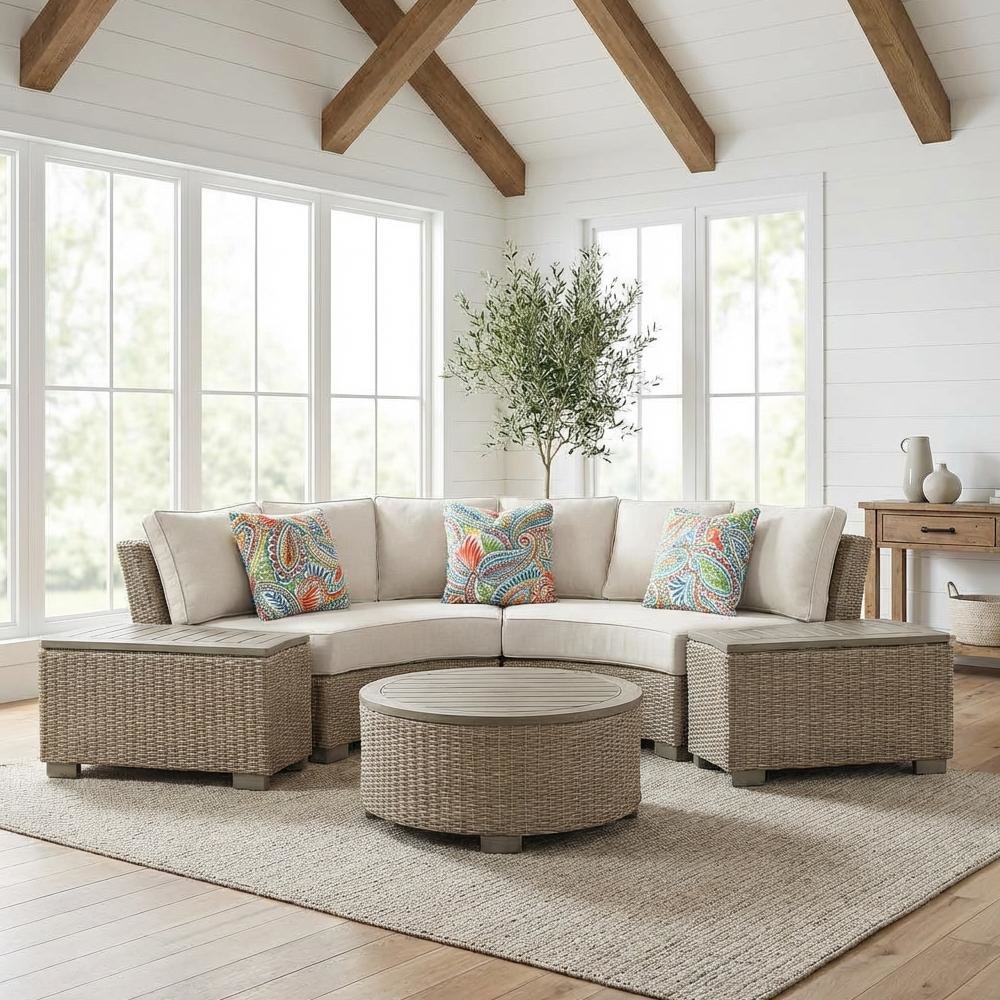 Tan Round Outdoor Coffee Table with Wood Legs and Transitional Design. Picture 2