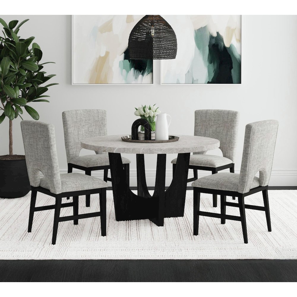 Salem Round Dining Table with Grey Faux Marble Top in Black. Picture 2
