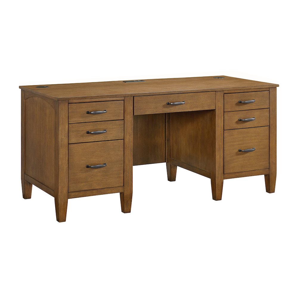Beth Double Pedestal Desk with Power/USB in Brown Oak. Picture 1