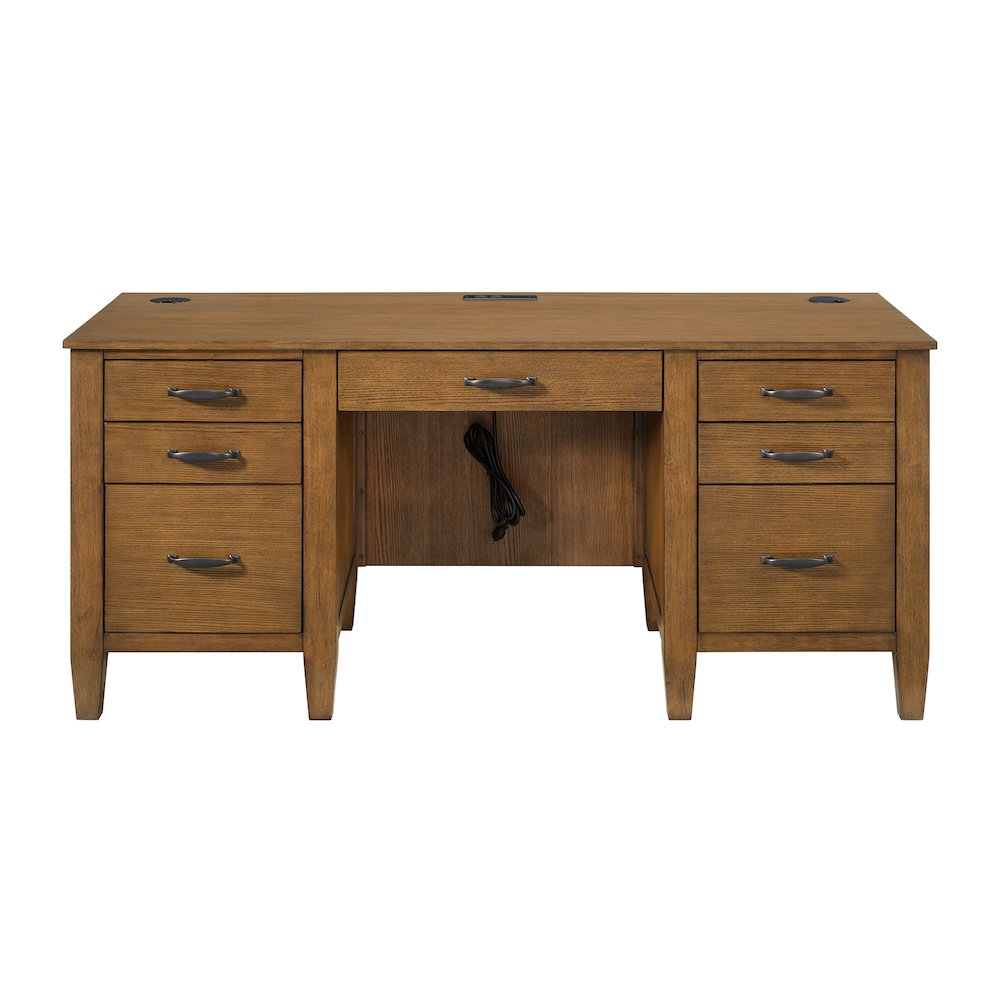 Beth Double Pedestal Desk with Power/USB in Brown Oak. Picture 2