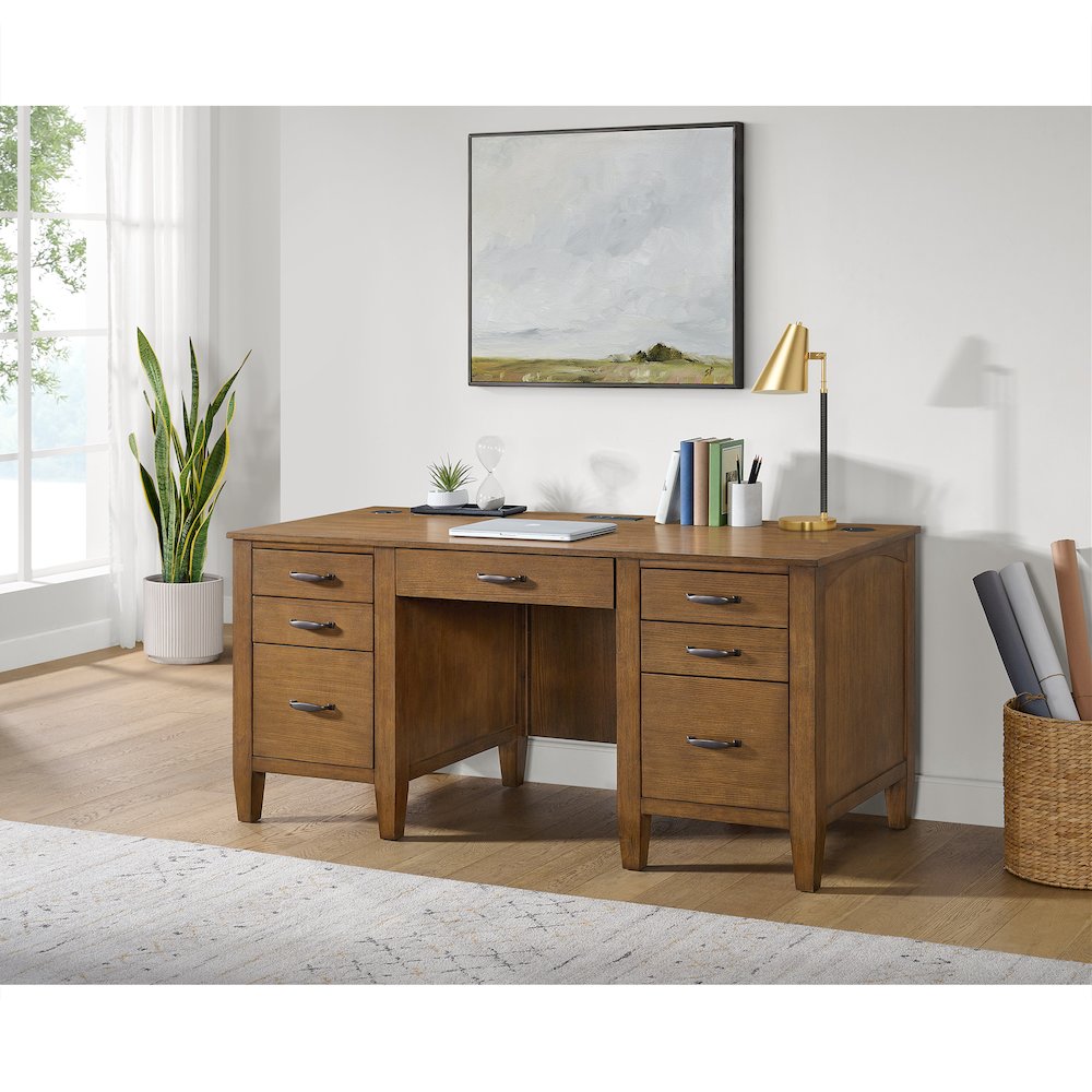 Beth Double Pedestal Desk with Power/USB in Brown Oak. Picture 3
