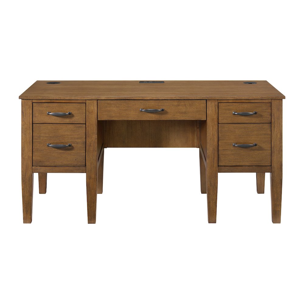 Beth Half Pedestal Desk with Power/USB in Brown Oak. Picture 2