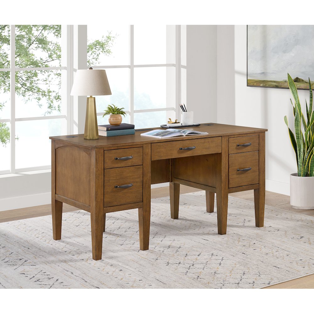 Beth Half Pedestal Desk with Power/USB in Brown Oak. Picture 3