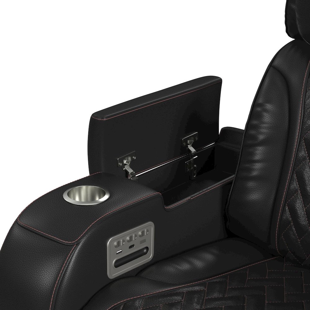 P3 Recliner with LED and wireless charger pocket in Jett Black, Red Stitching. Picture 7