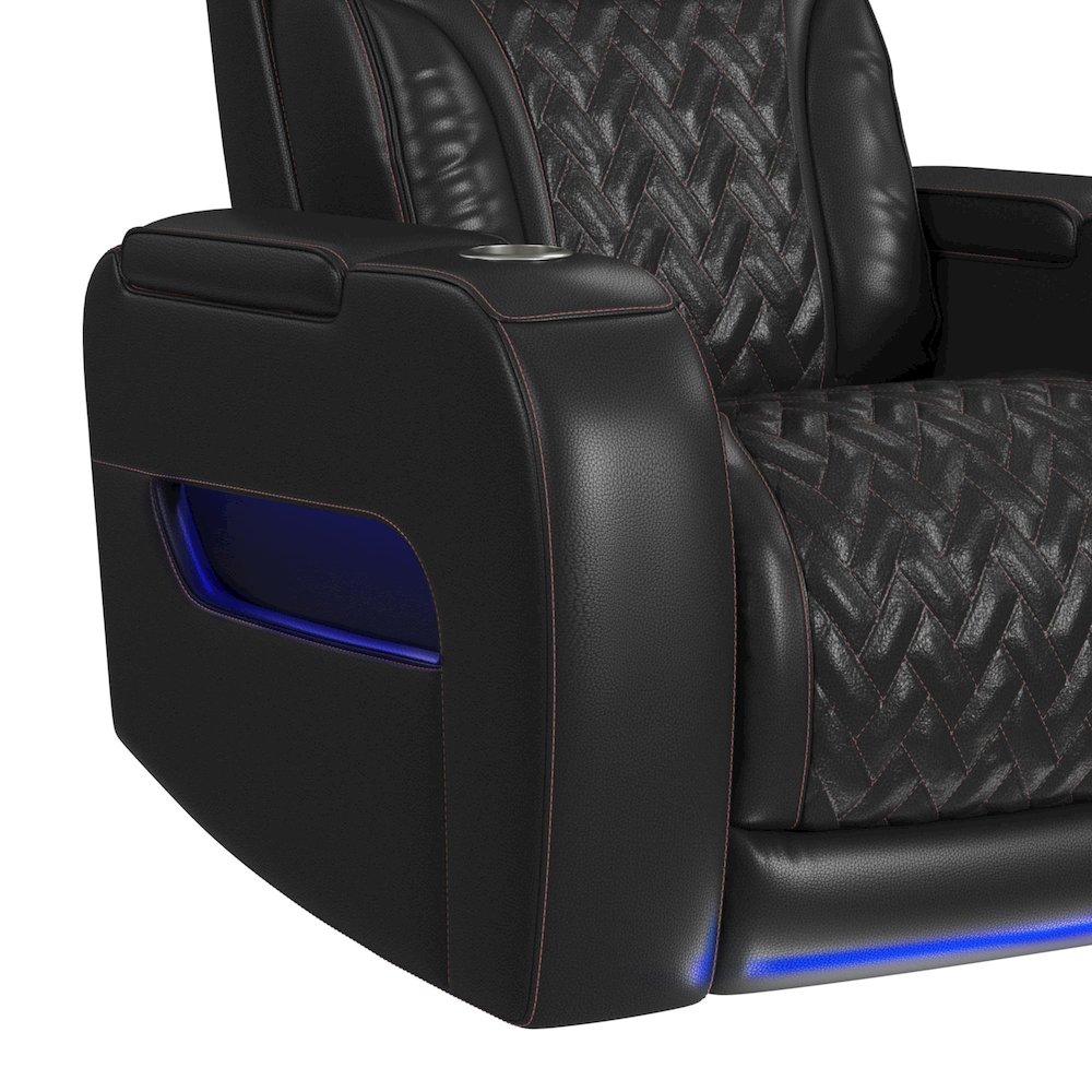 P3 Recliner with LED and wireless charger pocket in Jett Black, Red Stitching. Picture 8