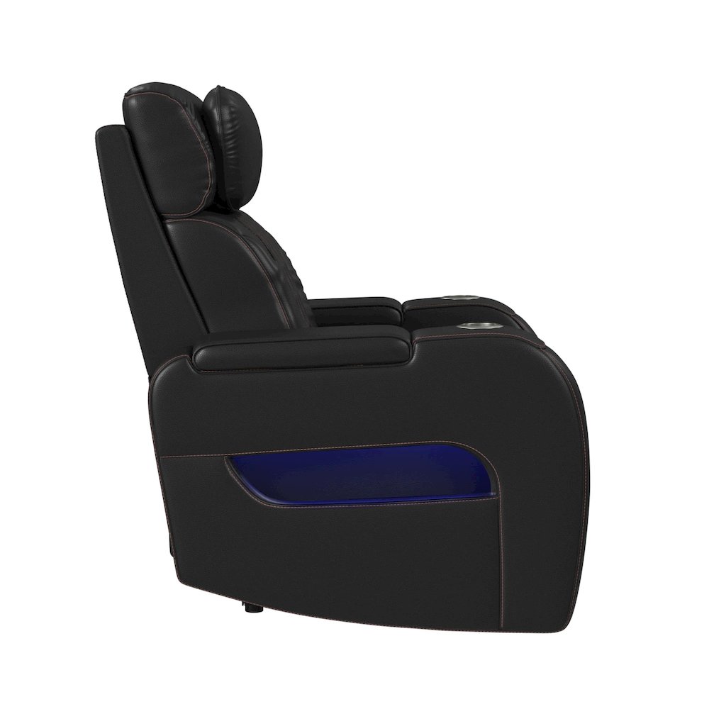 P3 Recliner with LED and wireless charger pocket in Jett Black, Red Stitching. Picture 4