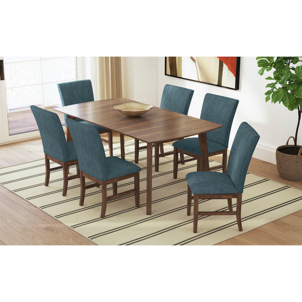 Veronica Dining Side Chair with Denim Blue Fabric in Walnut. Picture 4