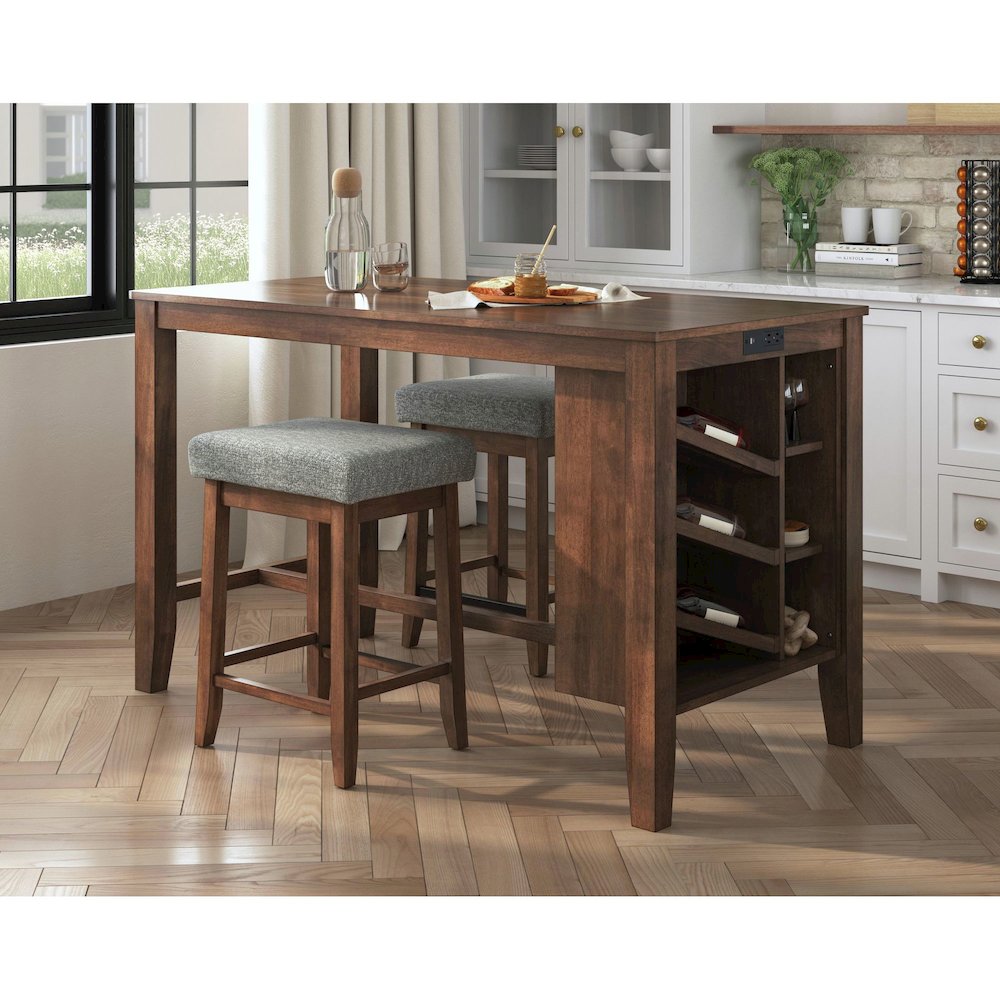 Veronica Kitchen Island & 2 Counter Stools with Dark Grey Fabric in Walnut. Picture 2