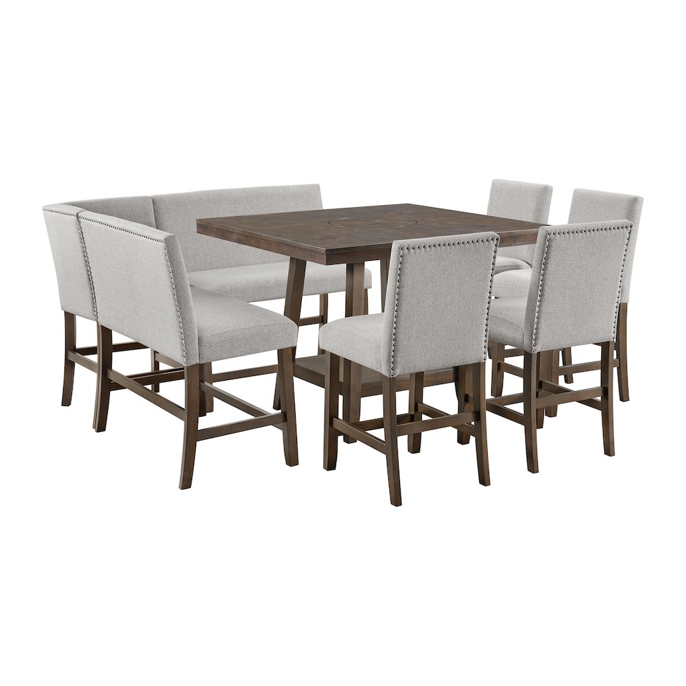 8PC Counter Height Dining Set in Brown-Table, Four Chairs and Complete Bench. Picture 1