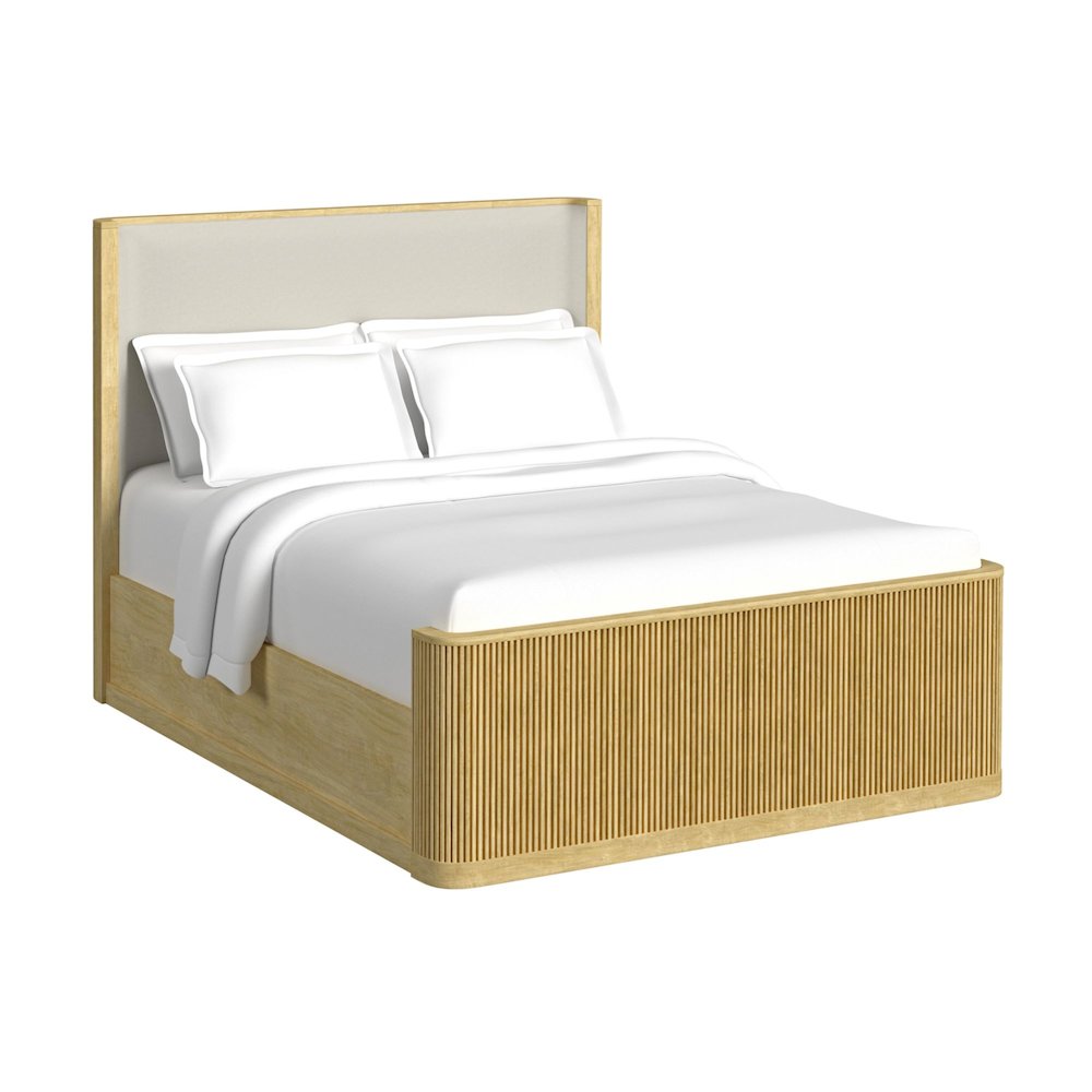 Sutton Queen UPH Bed with White Fabric in Natural. Picture 1