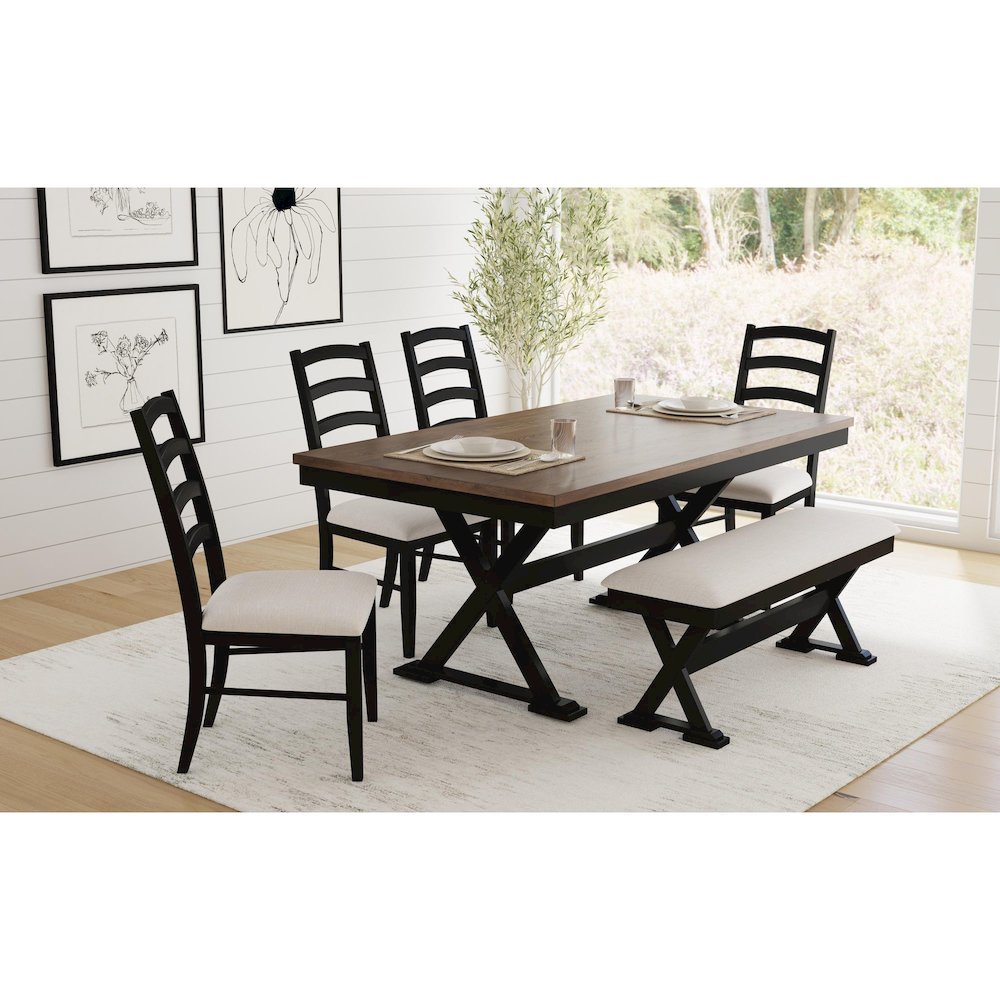 Lorraine 6PC Dining Set with Table, 4 Chairs, and Bench in Oak and Black. Picture 7