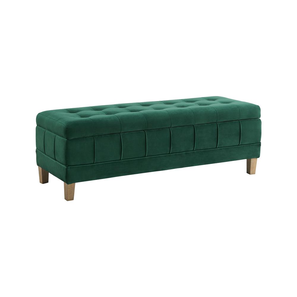 Green Tufted Storage Ottoman Bench with Rubberwood Frame for Entryway. Picture 1