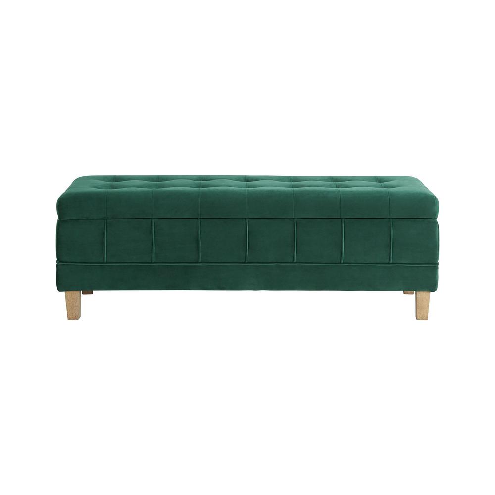 Green Tufted Storage Ottoman Bench with Rubberwood Frame for Entryway. Picture 2