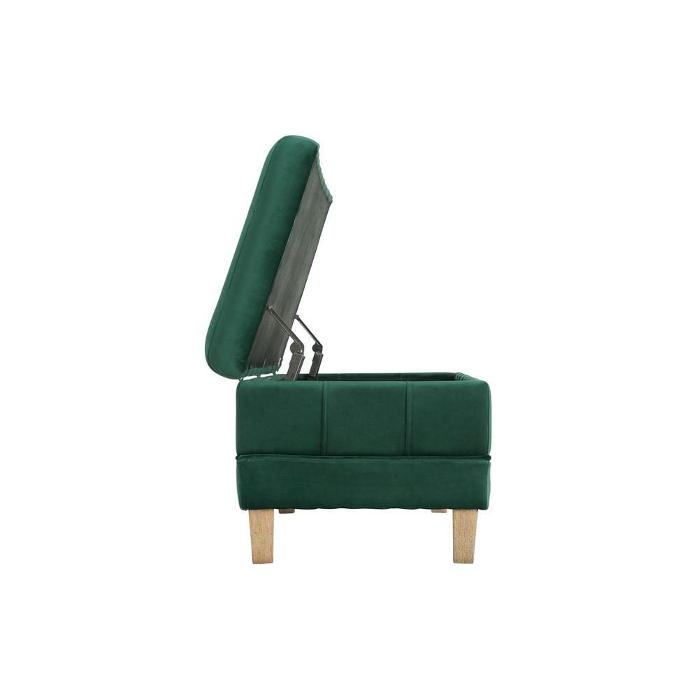 Green Tufted Storage Ottoman Bench with Rubberwood Frame for Entryway. Picture 6