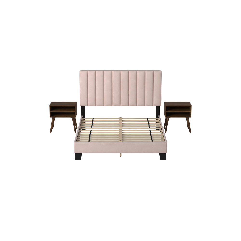 Colbie Upholstered Queen Platform Bed iWith Nightstands in Blush. Picture 4