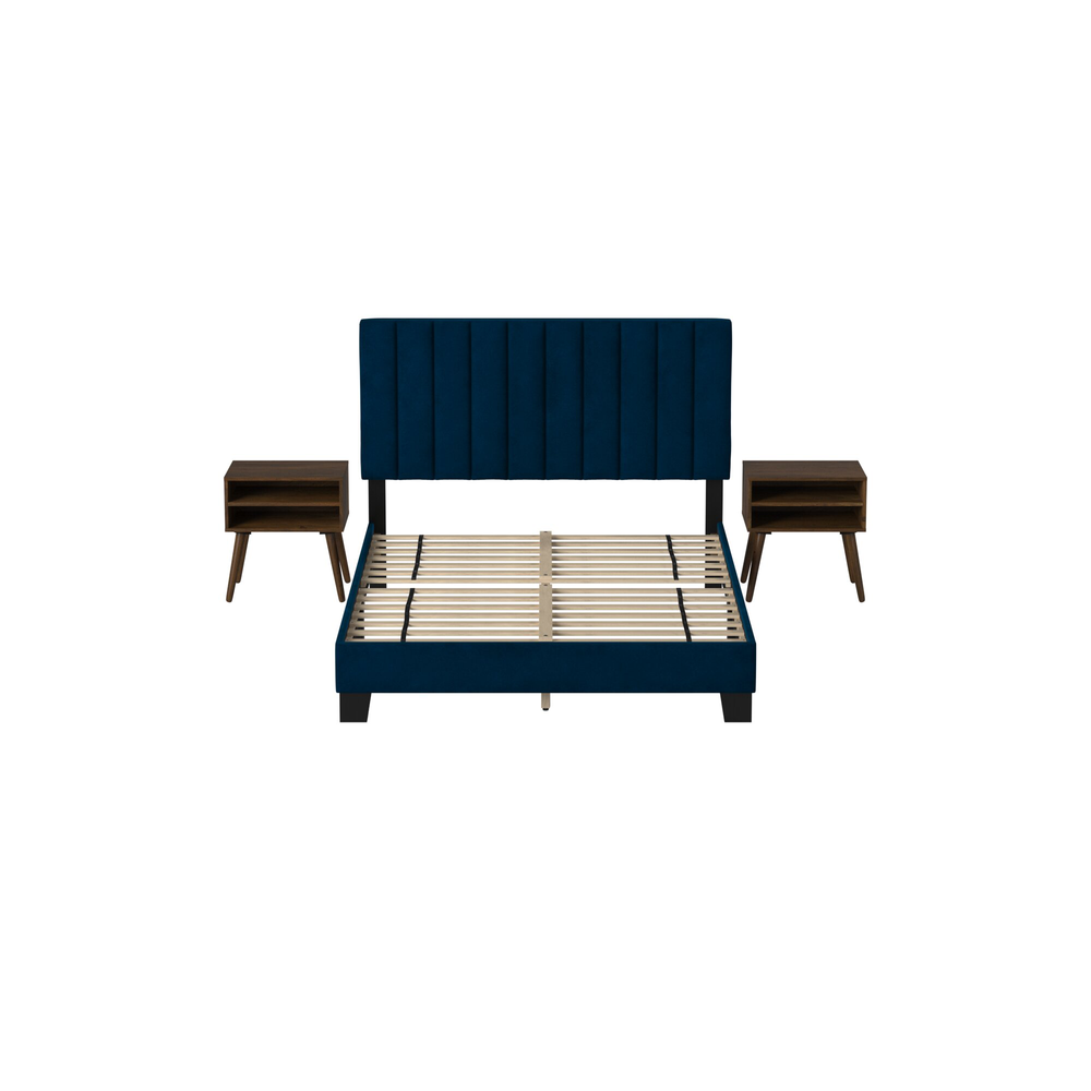 Colbie Upholstered Queen Platform Bed with Nightstands in Navy. Picture 4