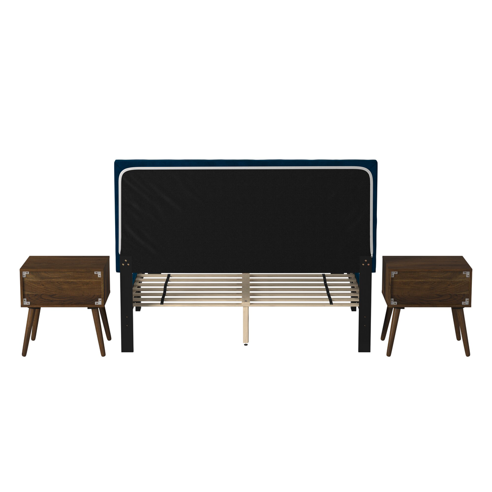 Colbie Upholstered Queen Platform Bed with Nightstands in Navy. Picture 6