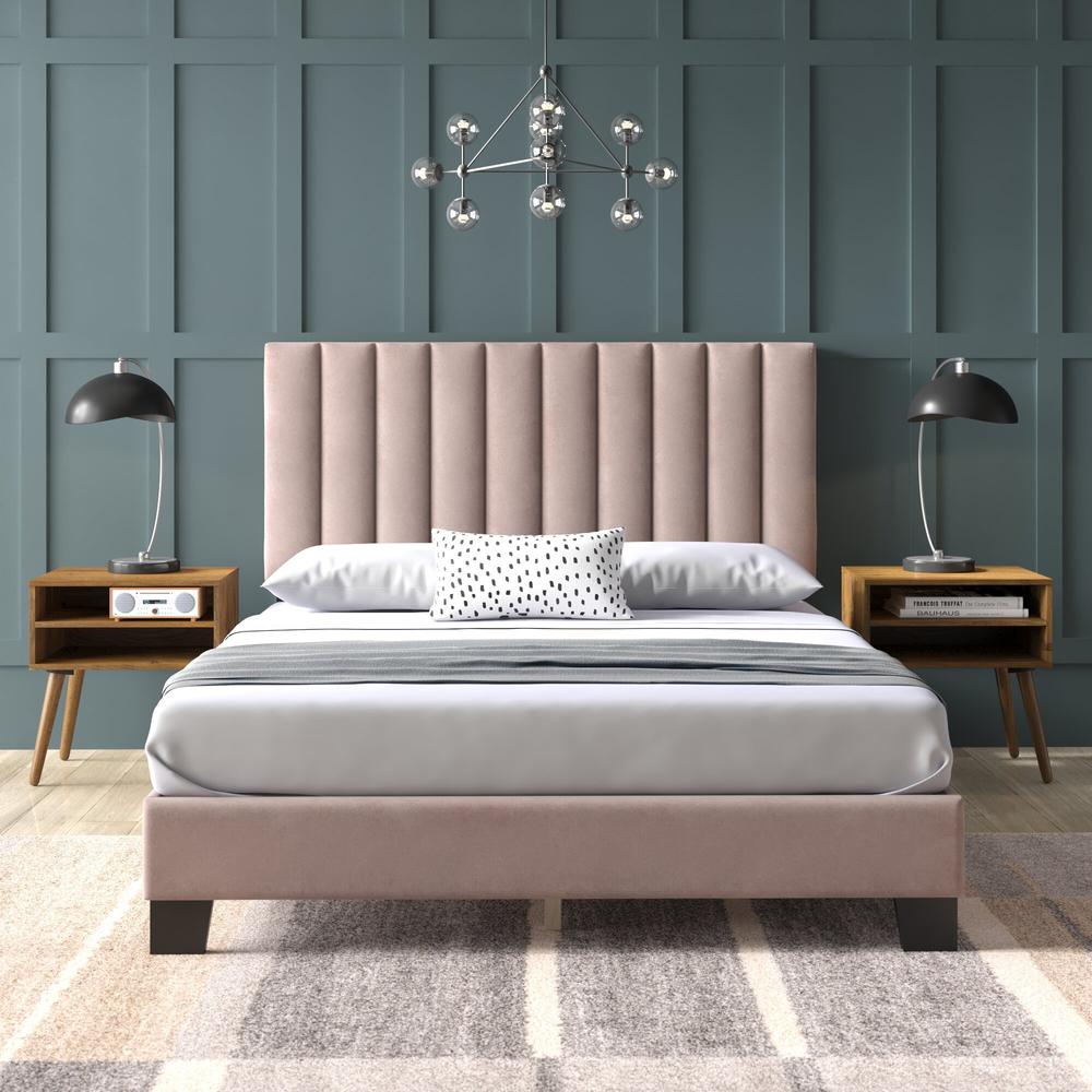 Colbie Upholstered Queen Platform Bed iWith Nightstands in Blush. Picture 2