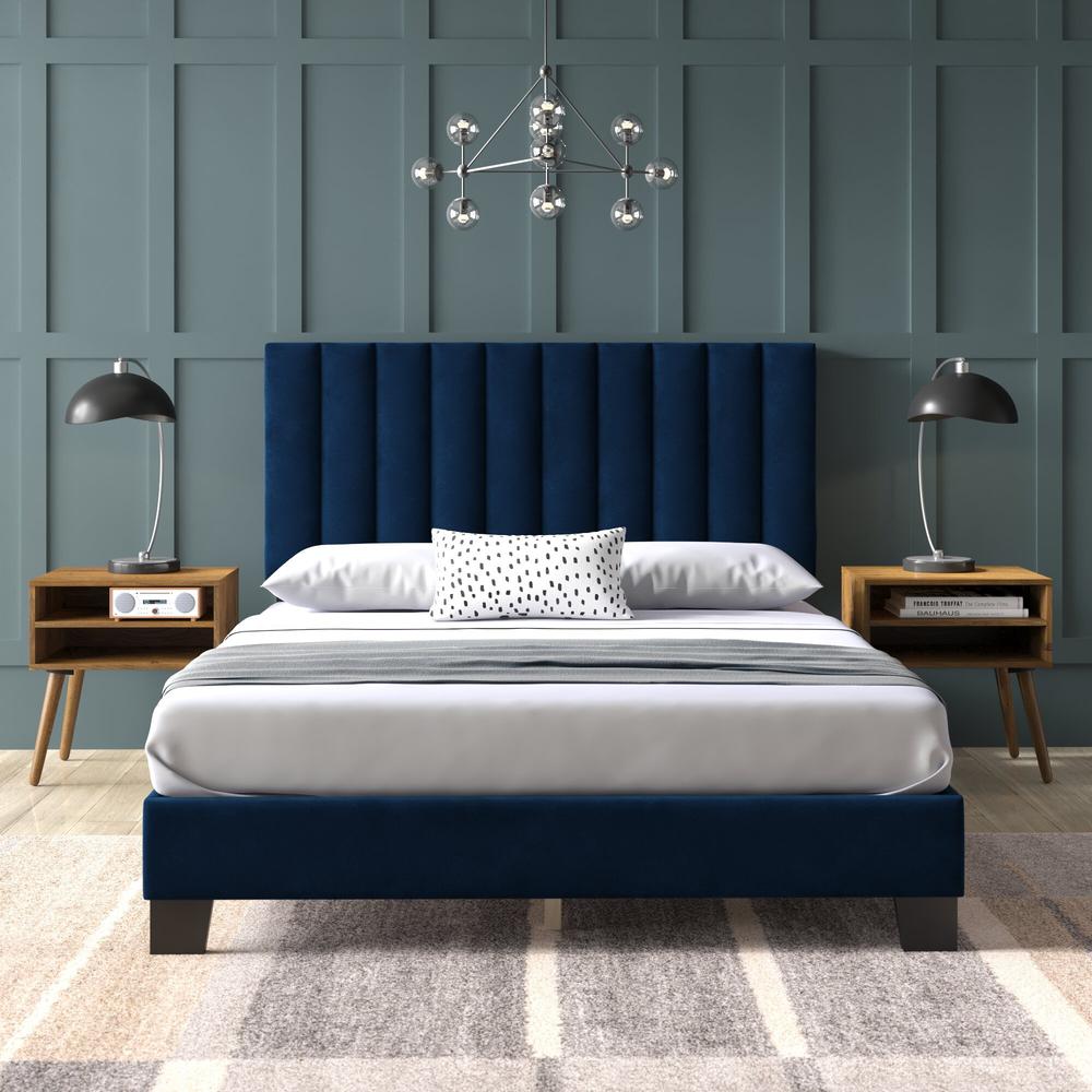 Colbie Upholstered Queen Platform Bed with Nightstands in Navy. Picture 2