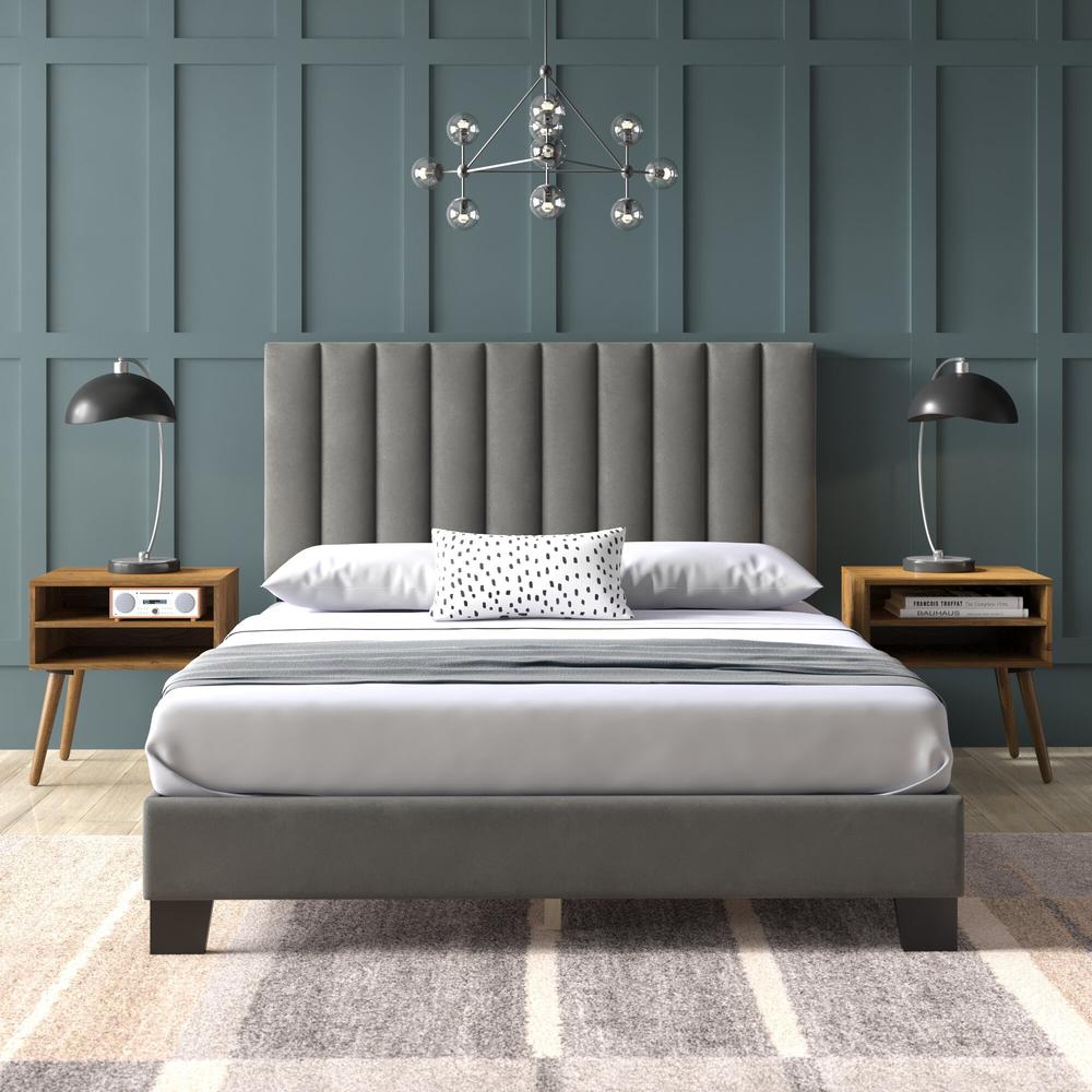 Colbie Upholstered Queen Platform Bed With Nightstands in Grey. Picture 1
