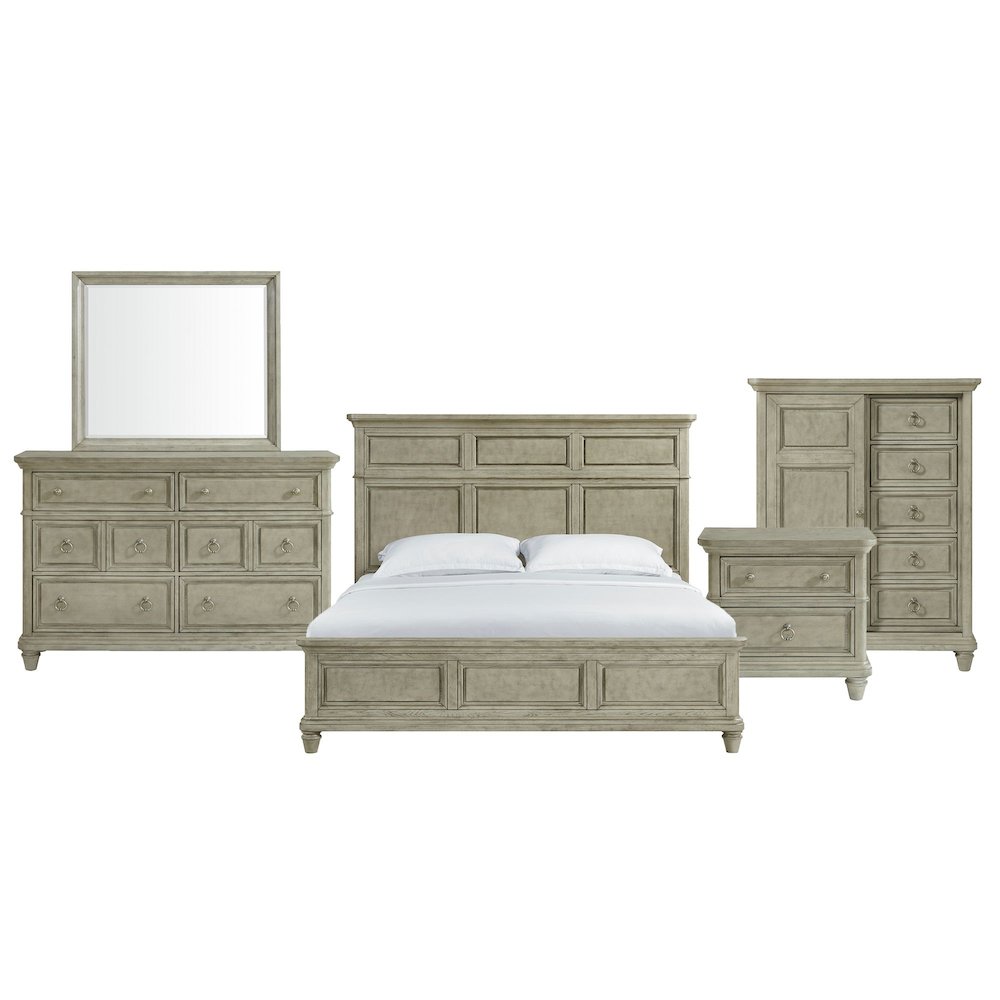 Emiko King Panel 5PC Bedroom Set with Door Chest in Light Grey. Picture 1