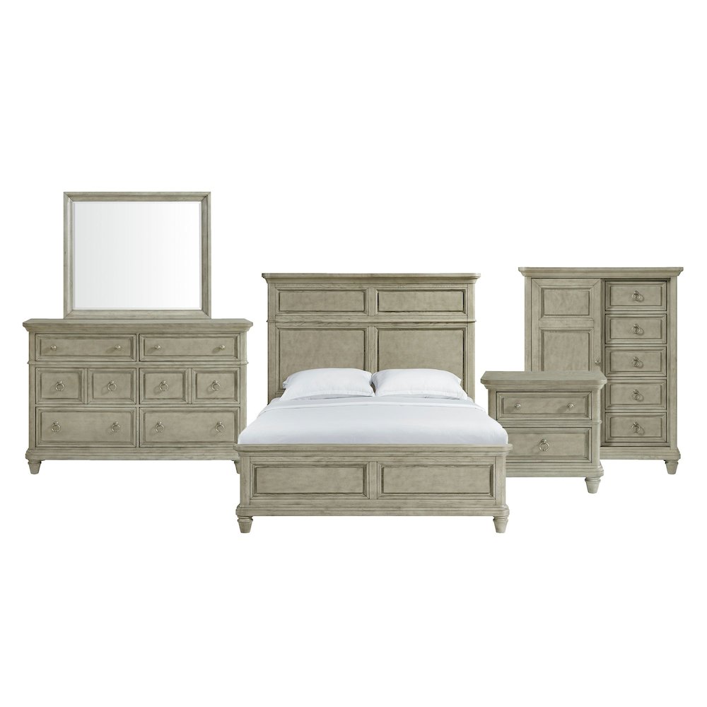Emiko Queen Panel 5PC Bedroom Set with Door Chest in Light Grey. Picture 1