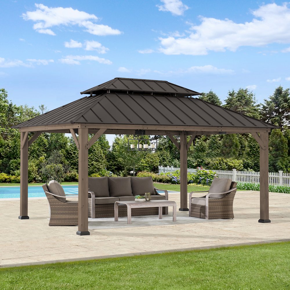 12 ft. x 16 ft. Dark Brown Cedar Frame Gazebo with Double Tier Steel Roof. Picture 2