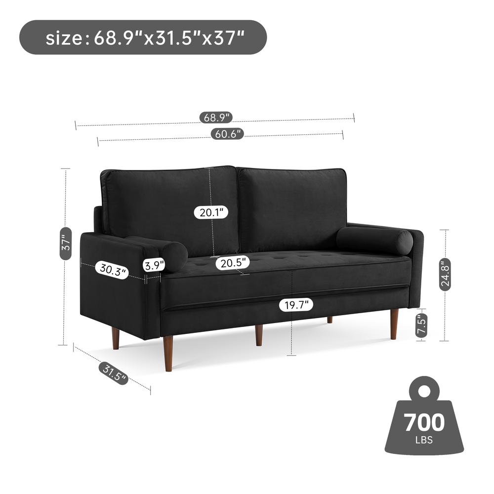 69 Inch Wide Upholstered Two Cushion Sofa with Bolster Pillows. Picture 3