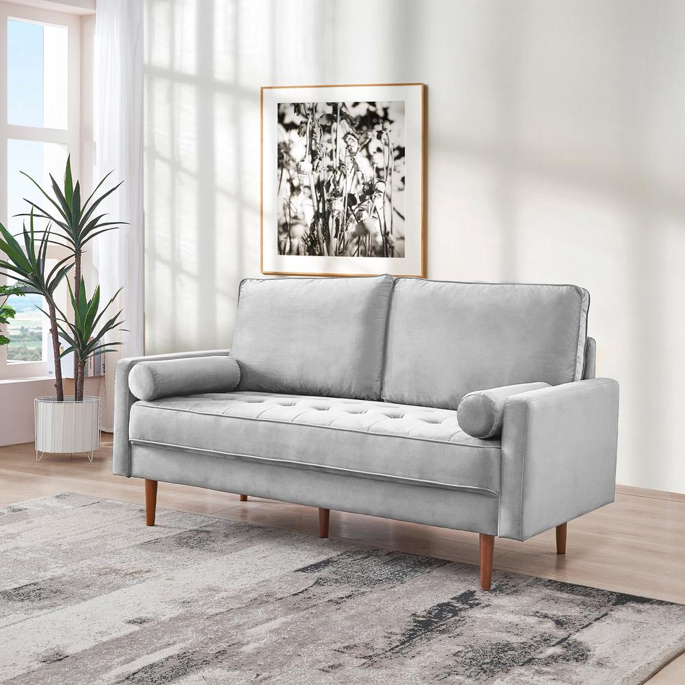 69 Inch Wide Upholstered Two Cushion Sofa with Bolster Pillows in Grey Velvet. Picture 10