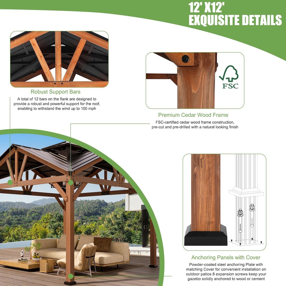 Cedar Gazebo with Metal Roof Measuring 12 Feet by 12 Feet. Picture 3