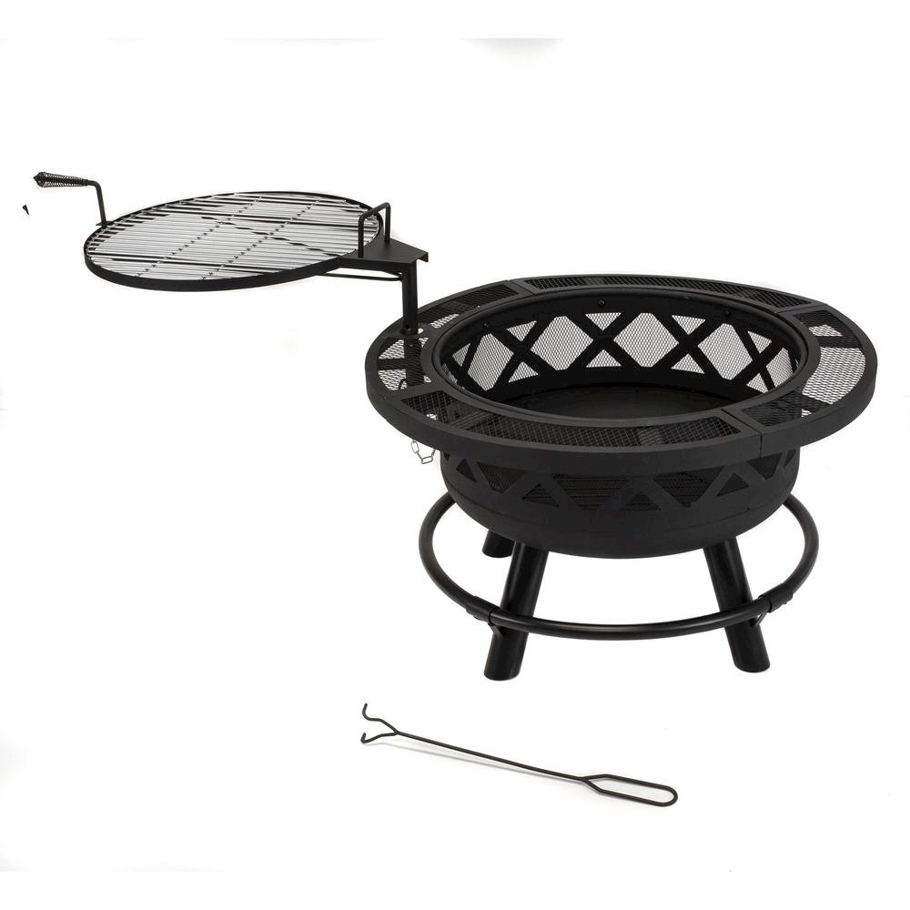 32-Inch Roundup Fire Pit, Black, Adjustable Cooking Shelf. Picture 1