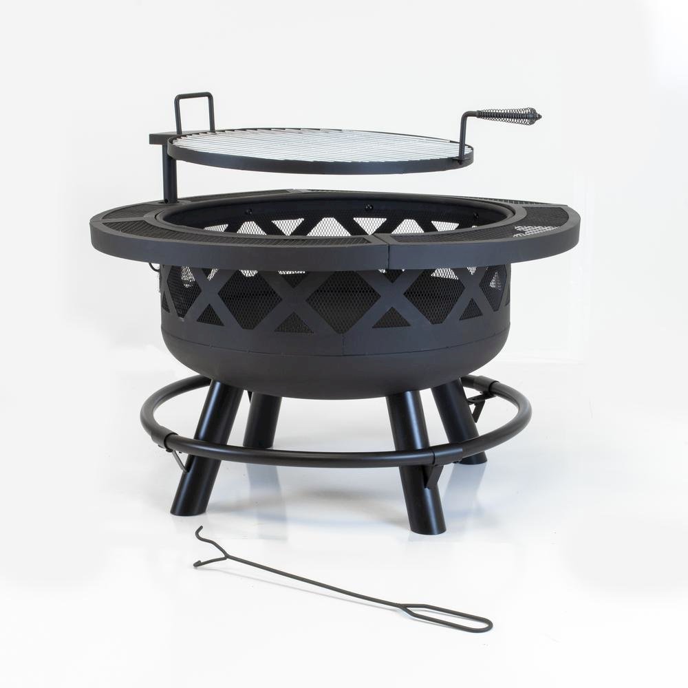 32-Inch Roundup Fire Pit, Black, Adjustable Cooking Shelf. Picture 3