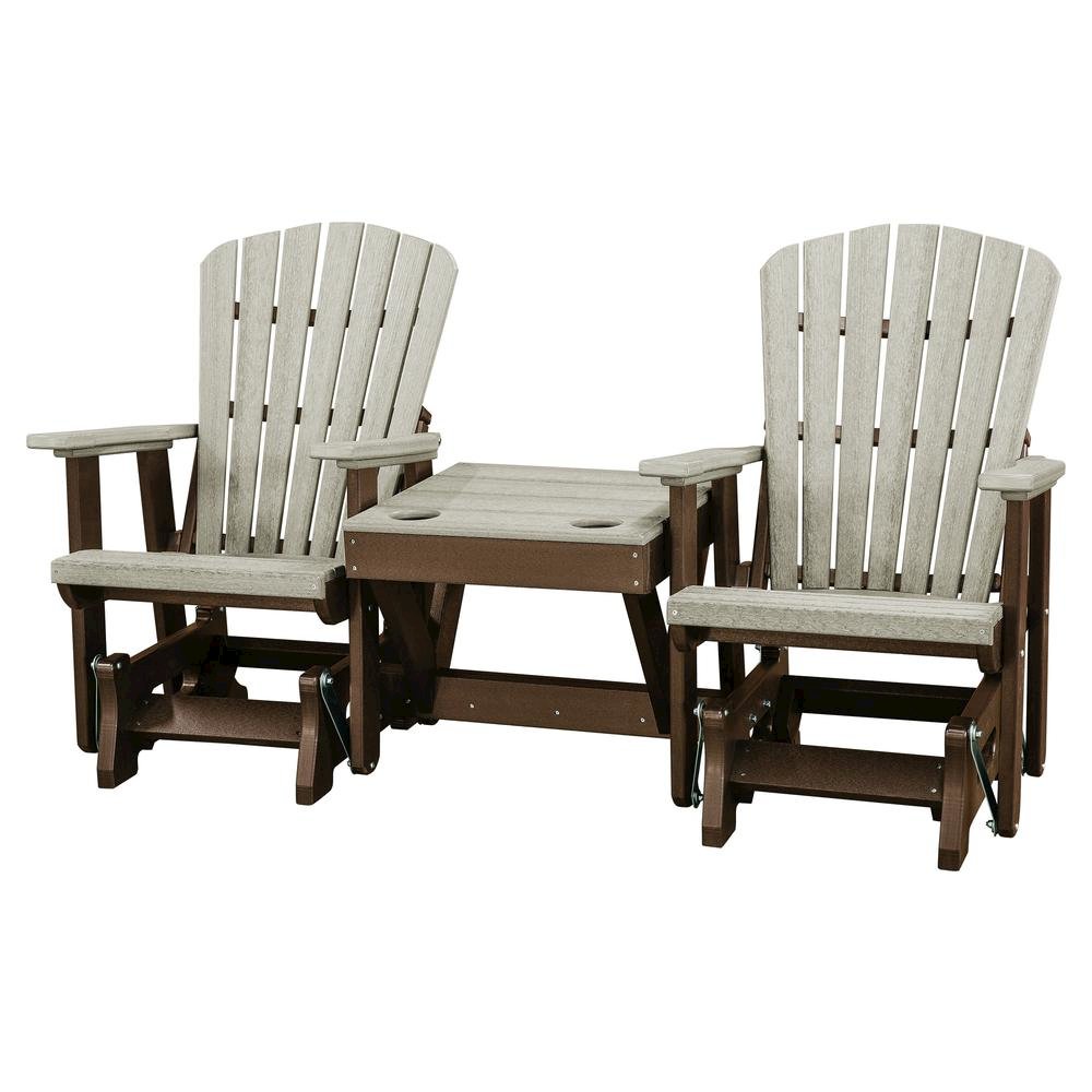Double Glider Bench with Table, Weatherwood Brown, Heavy Duty Poly. Picture 1