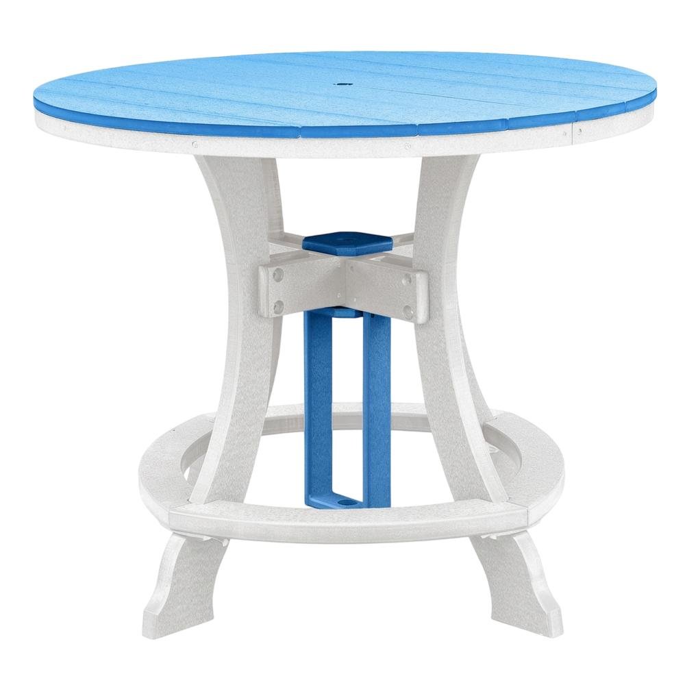 Blue Polyethylene Outdoor Dining Table With White Base, 44-Inch Round Design. Picture 1