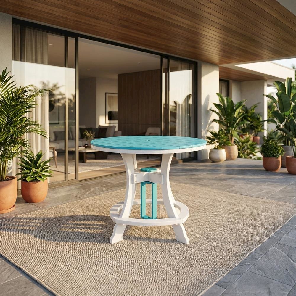 Round Counter Height Table, Aruba Blue Finish, White Base, Outdoor Dining. Picture 2