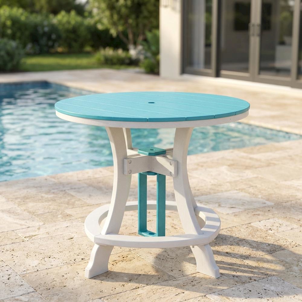 Round Counter Height Table, Aruba Blue Finish, White Base, Outdoor Dining. Picture 3