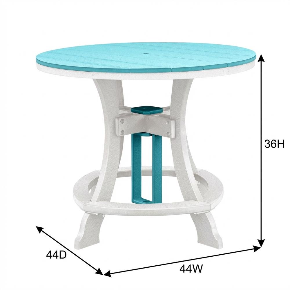Round Counter Height Table, Aruba Blue Finish, White Base, Outdoor Dining. Picture 7