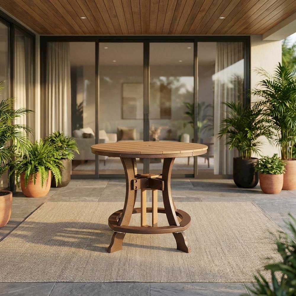 Round Counter Height Dining Table In Cedar With Tudor Brown Finish, Outdoor Use. Picture 2