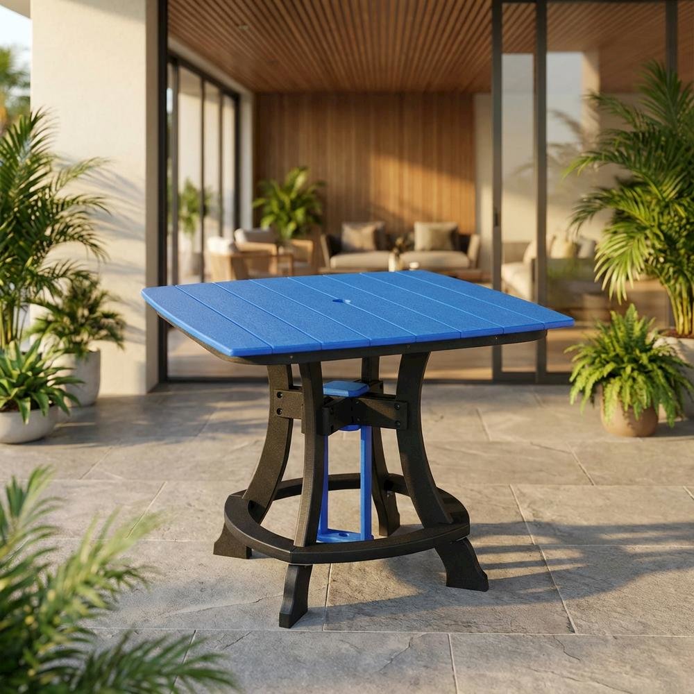 Blue Outdoor Square Dining Table, Black Base, Polyethylene Construction. Picture 2