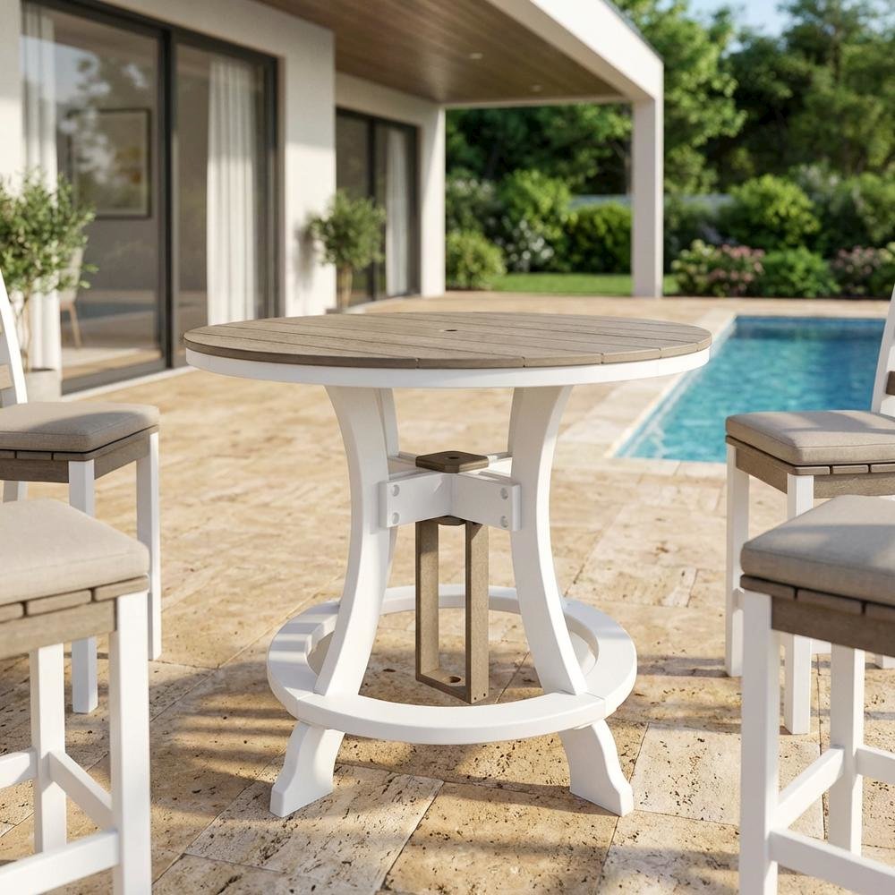White Finish Counter Height Round Table With White Base For Outdoor Dining. Picture 3