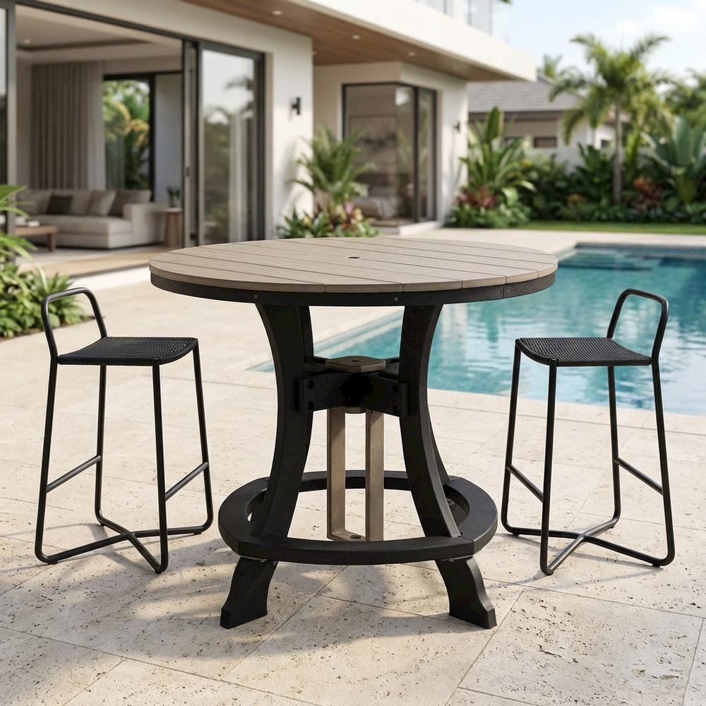 Black Base Round Outdoor Dining Table With Black Base And Polyethylene Material. Picture 3