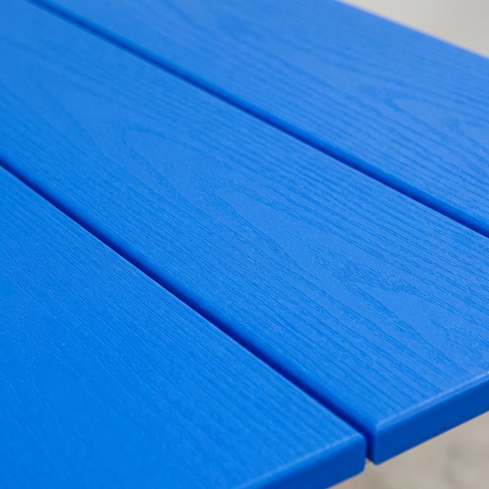 Blue Outdoor Counter Height Square Table, White Base, Polyethylene Construction. Picture 5
