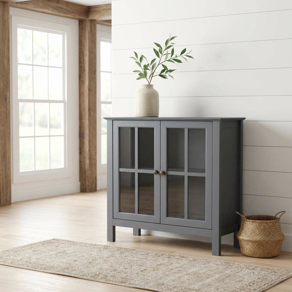 Dark Gray Glass Door Accent Cabinet with Fiberboard Construction. Picture 4