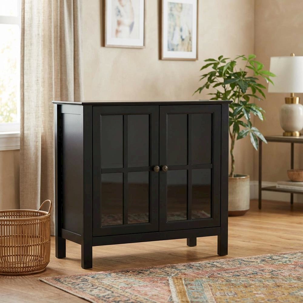 Black Glass Door Accent Cabinet with Display Storage and Fiberboard Construction. Picture 2