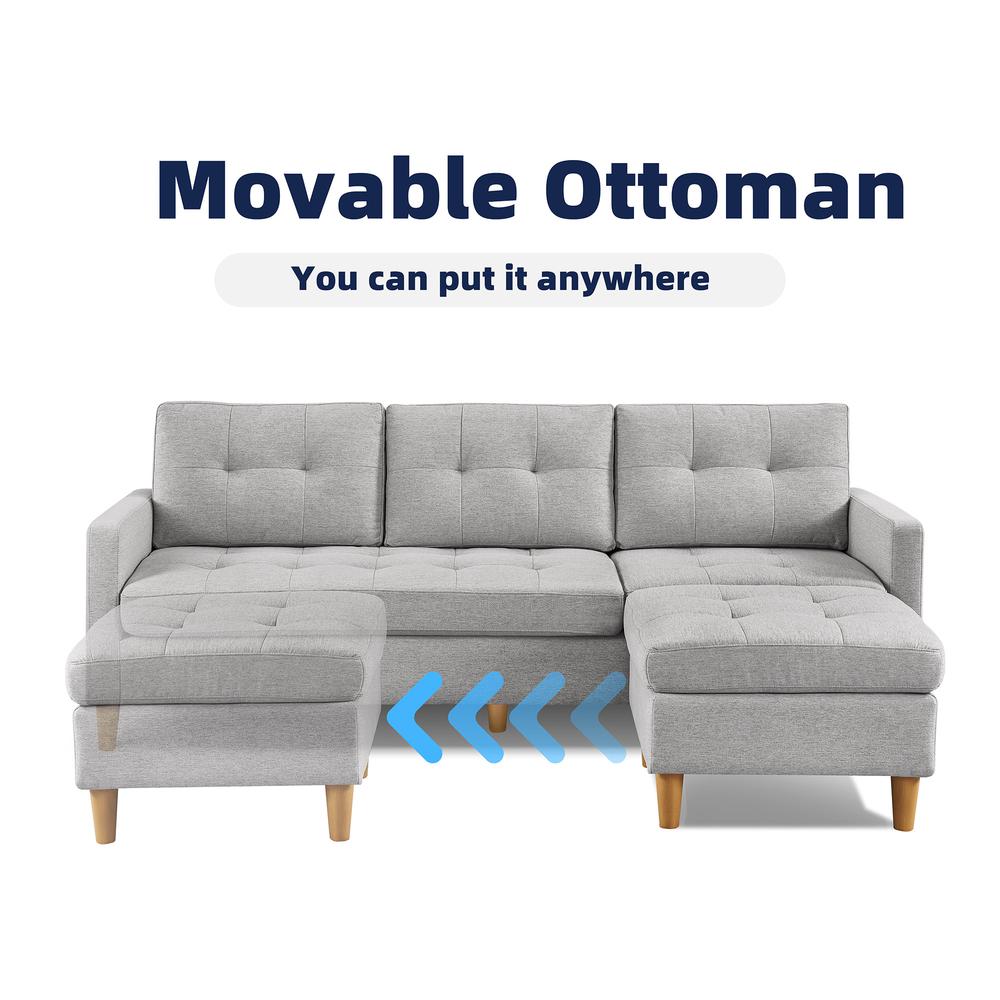 Two Piece Upholstered Tufted L Shaped Sectional with Ottoman in Light Grey. Picture 4