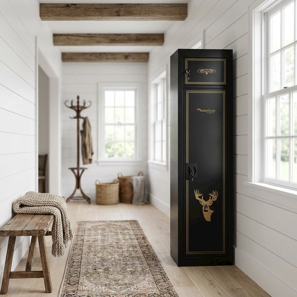 Black Metal Security Cabinet With Pistol And Ammo Compartments, Durable Storage. Picture 2