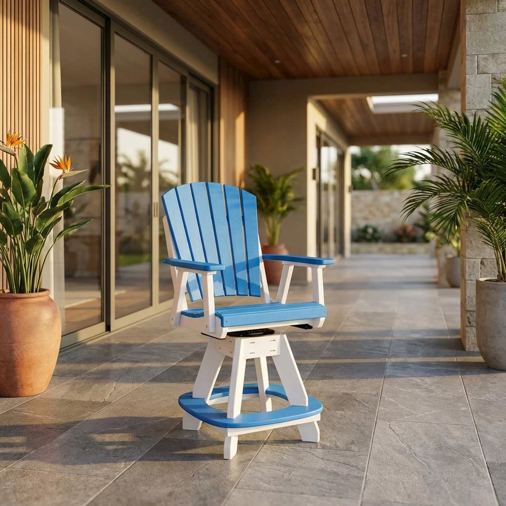 Blue Counter Height Swivel Arm Chair With White Base And Comfortable Design. Picture 2
