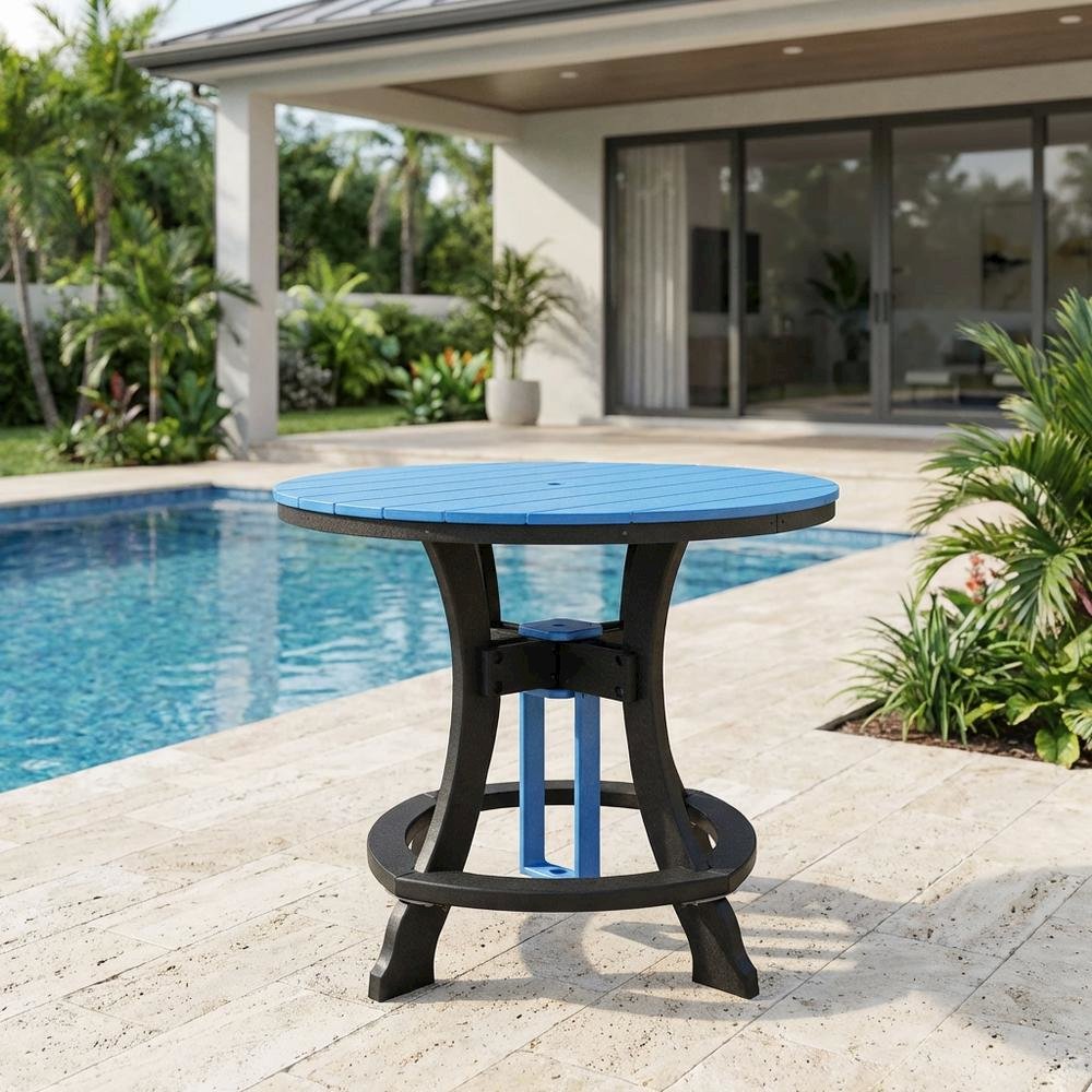 Blue Round Outdoor Dining Table With Black Base, 44-Inch Diameter. Picture 3